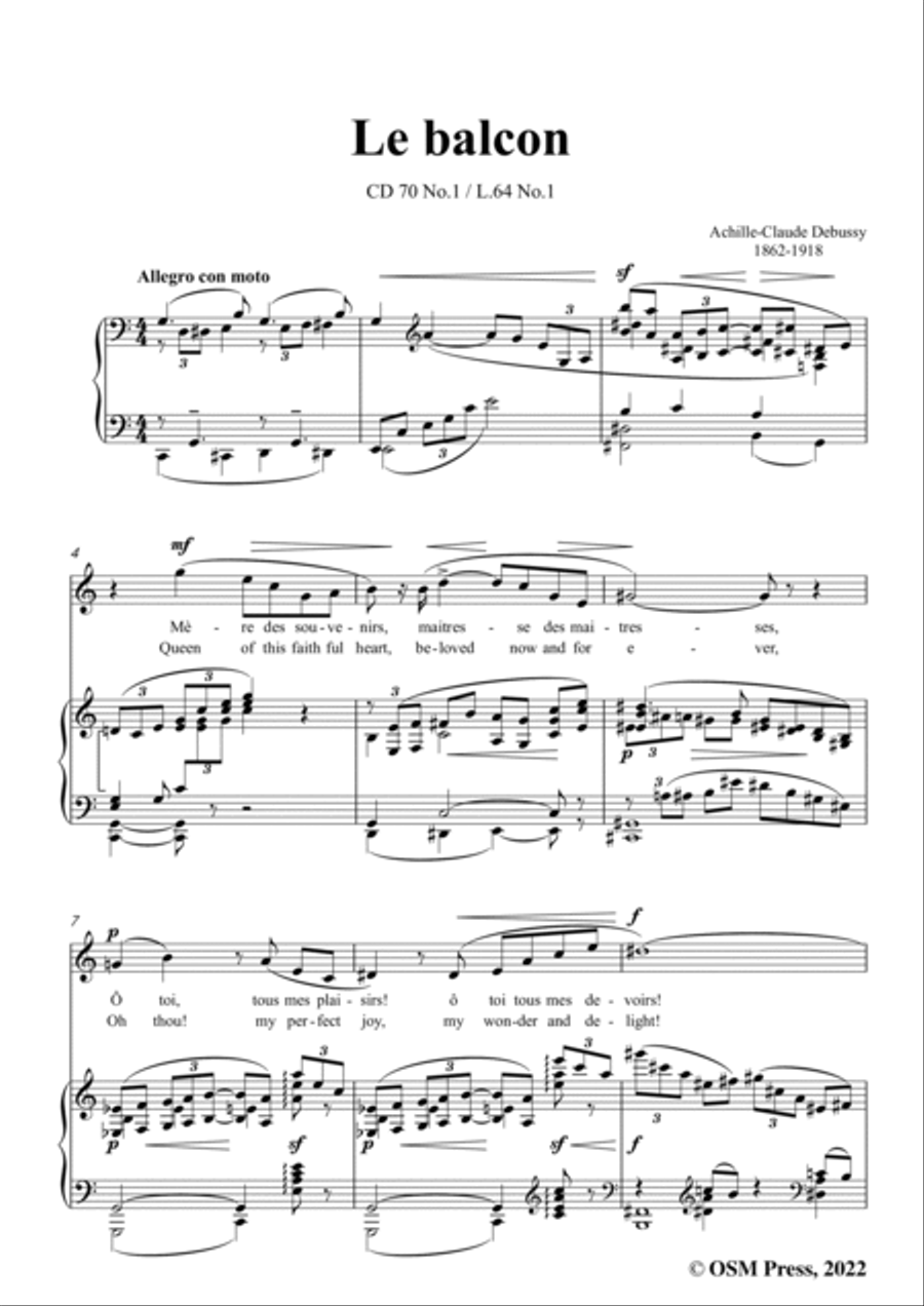 Debussy-Le balcon,CD 70 No.1,in C Major,from '5 Poemes de Baudelaire,CD 70'for Voice and Piano Voice Solo scores gallery preview page 3