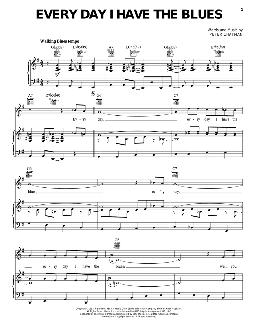 Everyday I Have The Blues Piano, Vocal, Guitar scores gallery preview page 1