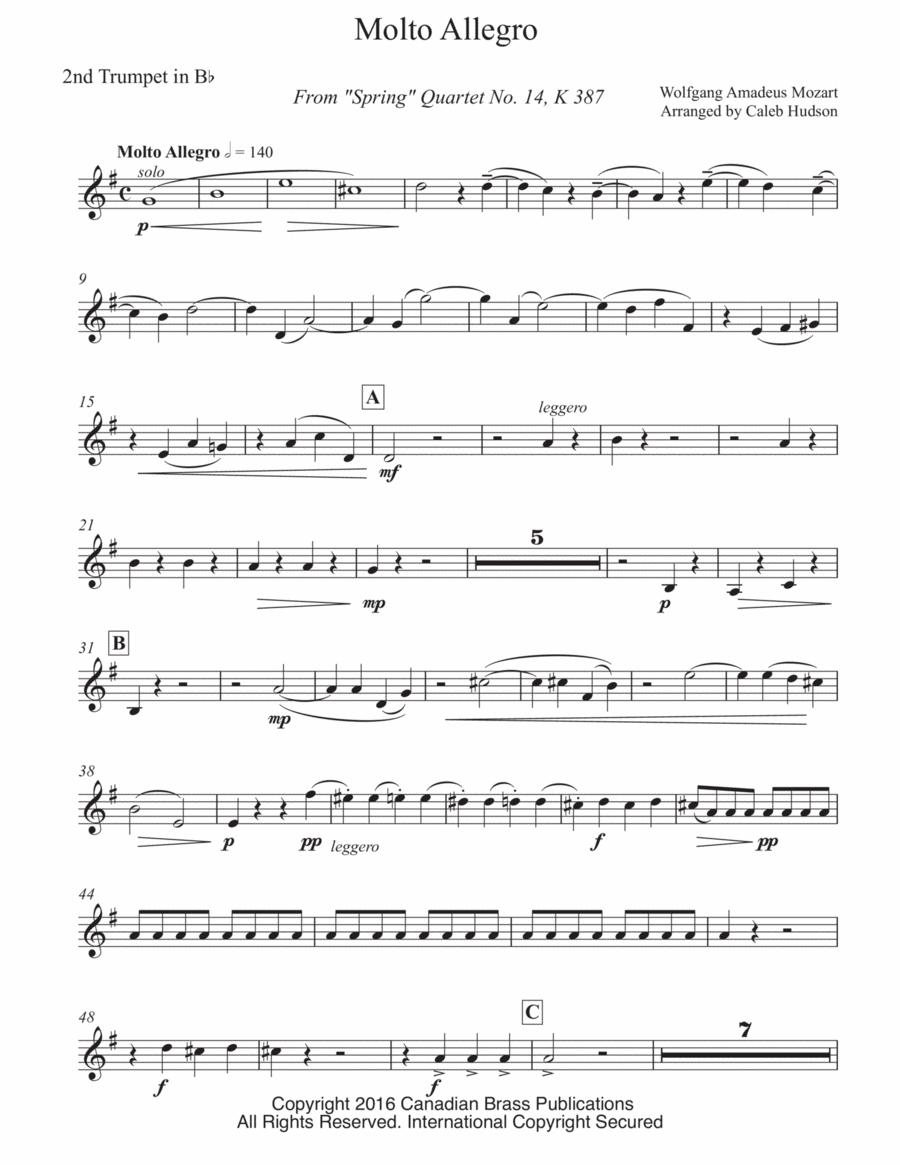 Molto Allegro from Spring Quartet, No. 14, K 387 - Bb Trumpet 2 Brass Quintet scores gallery preview page 1