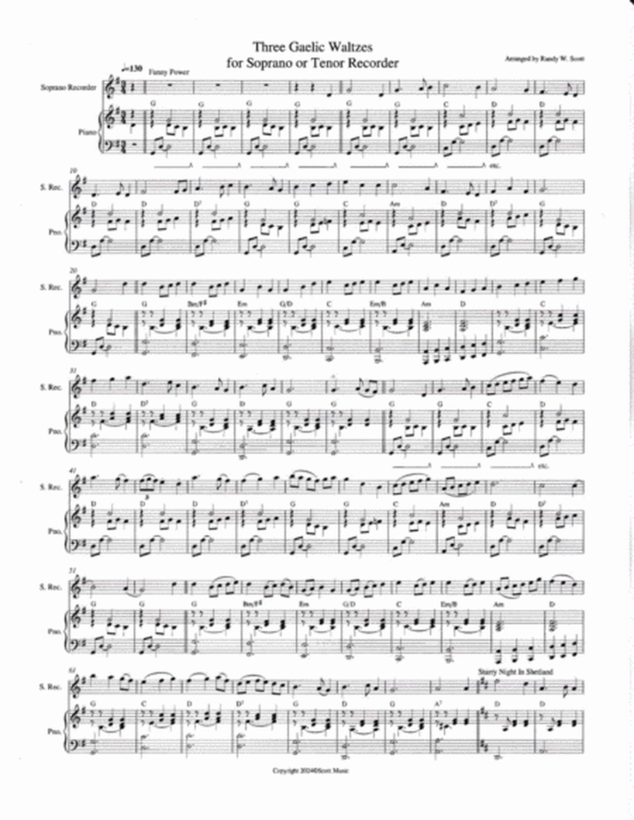 Three Gaelic Waltzes for Soprano or Tenor Recorder and Piano.