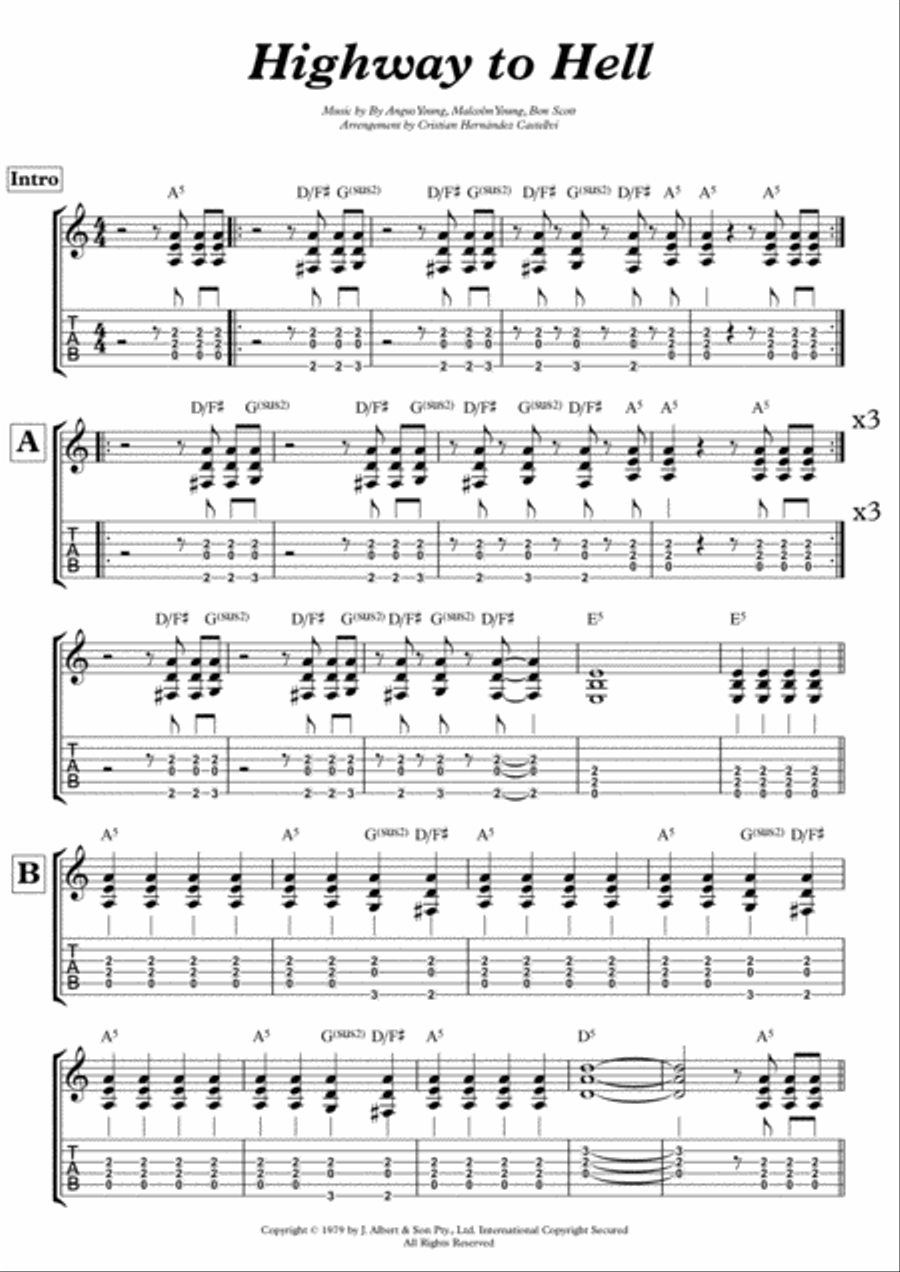 Highway To Hell Guitar Tablature scores gallery preview page 1