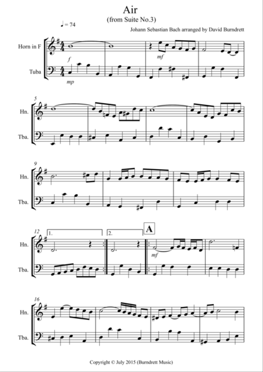 Air on a G String for French Horn and Tuba Duet Air on a G String for French Horn and Tuba Duet Tuba scores gallery preview page 1