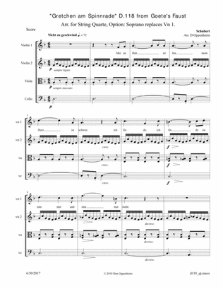 Schubert: "Gretchen am Spinnrade" D 118 from Goete's Faust. Arr. for String Quartet. Option: Soprano