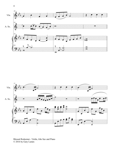 BLESSED REDEEMER (Trio – Violin, Alto Sax & Piano with Score and Parts) image number null