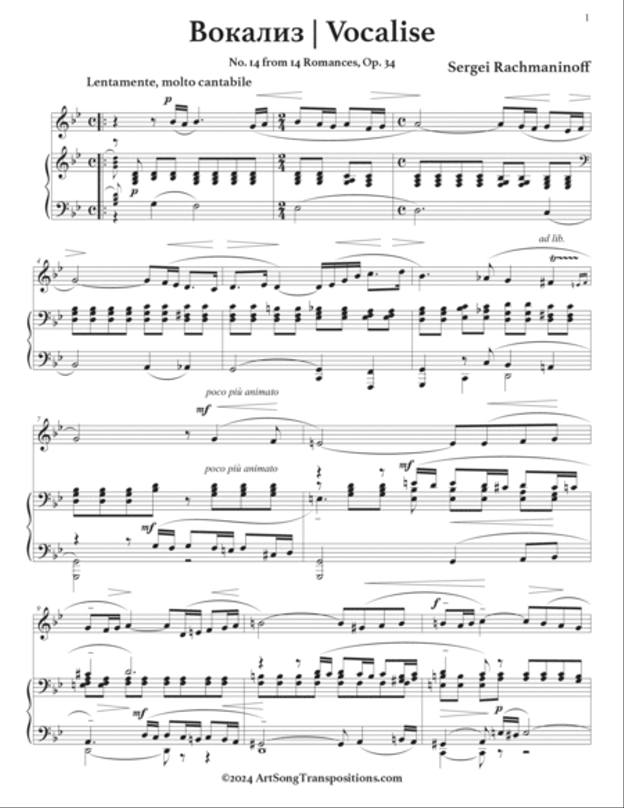RACHMANINOFF: Vocalise, Op. 34 no. 14 (transposed to G minor) Voice scores gallery preview page 2