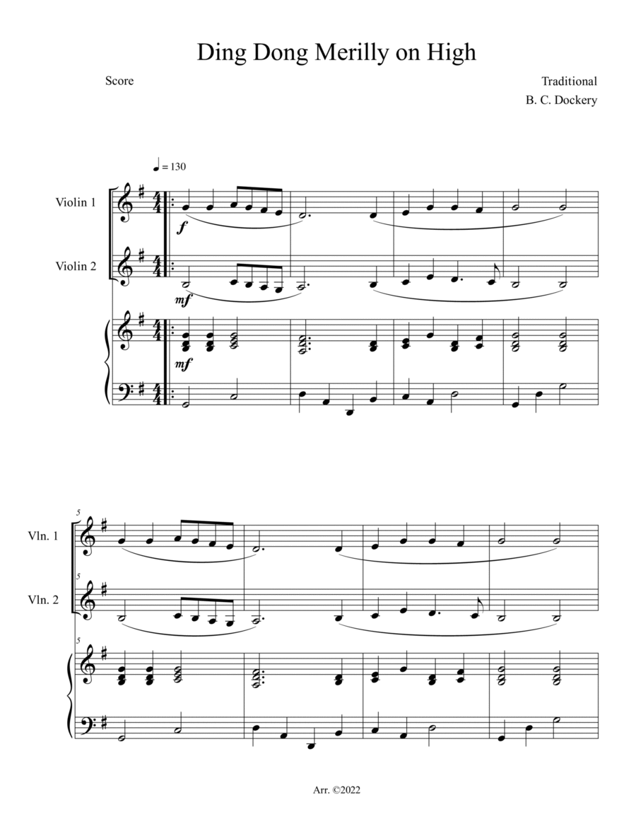 Ding Dong Merrily on High (Violin Duet with Piano Accompaniment) Ding Dong Merrily on High (Violin Duet with Piano Accompaniment) String Duet scores gallery preview page 1