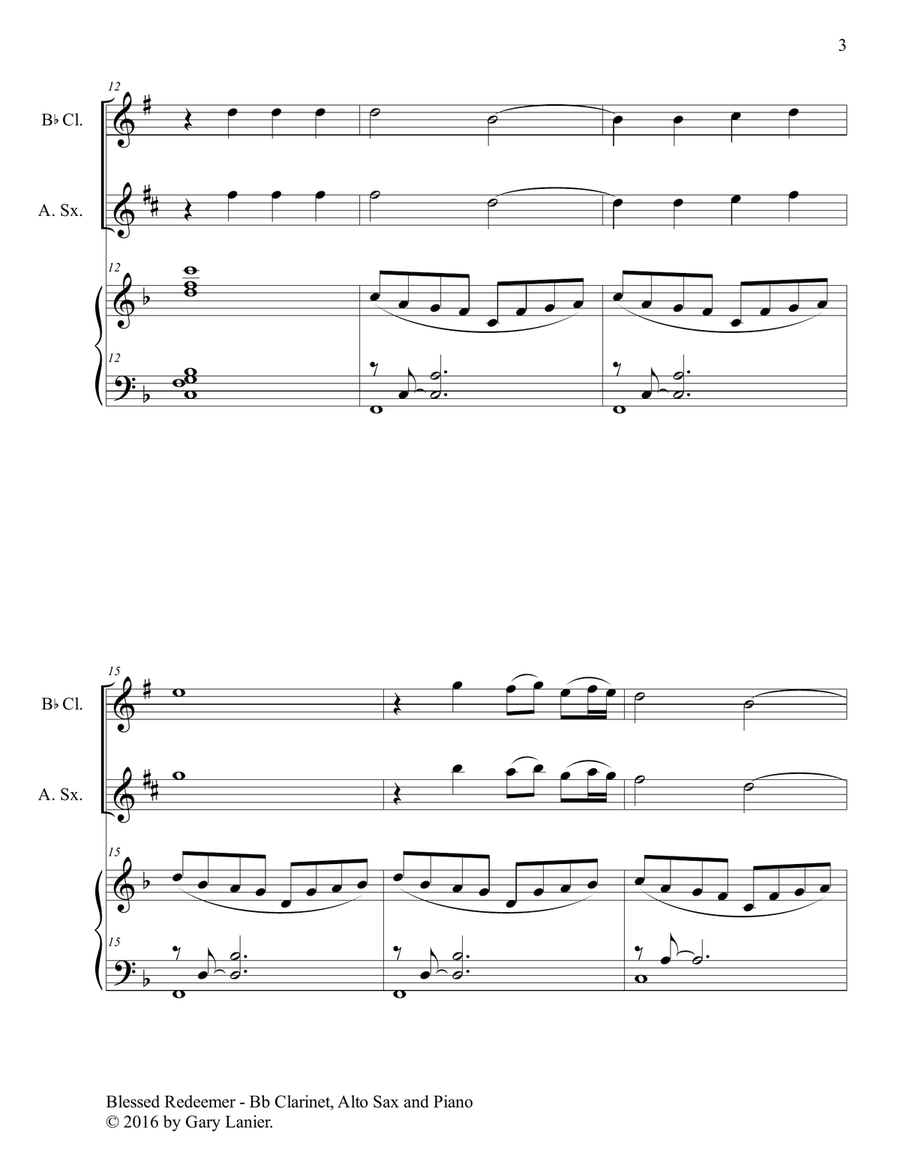BLESSED REDEEMER(Trio – Bb Clarinet, Alto Sax & Piano with Score/Parts) Woodwind Duet scores gallery preview page 4