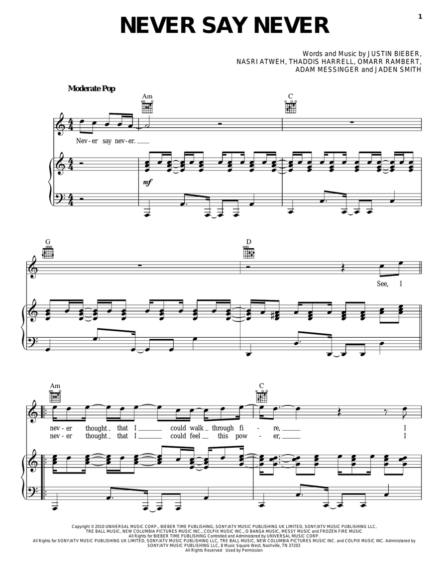 Never Say Never Piano, Vocal, Guitar scores gallery preview page 1
