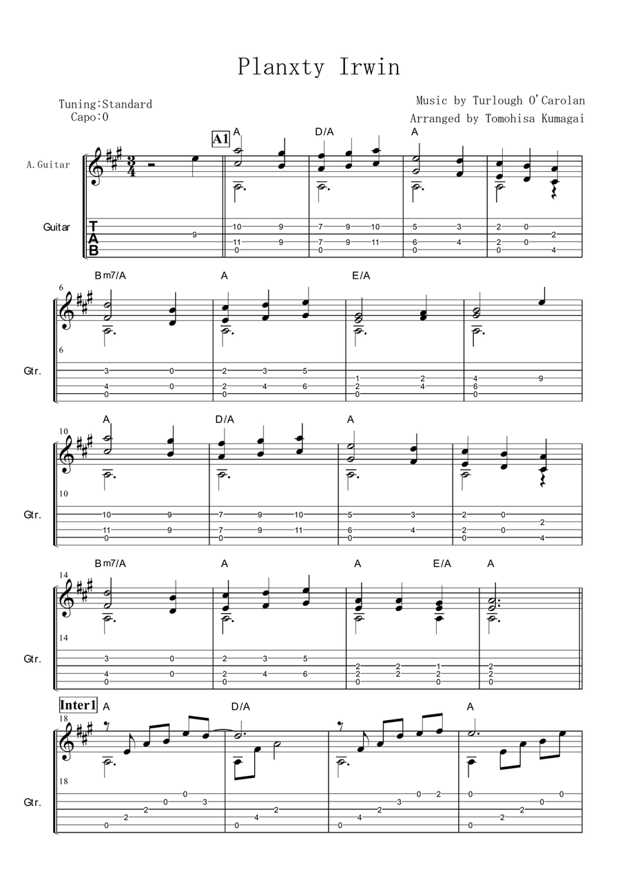 Planxty Irwin -Turlough O'Carolan (Fingerstyle guitar) Fingerpicking Guitar scores gallery preview page 1