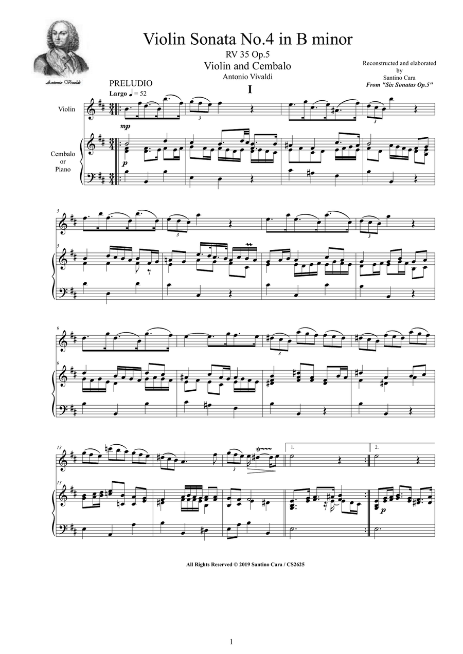 Vivaldi - Violin Sonata No. 4 in B minor RV 35 Op.5 for Violin and Cembalo (or Piano) String Duet scores gallery preview page 1