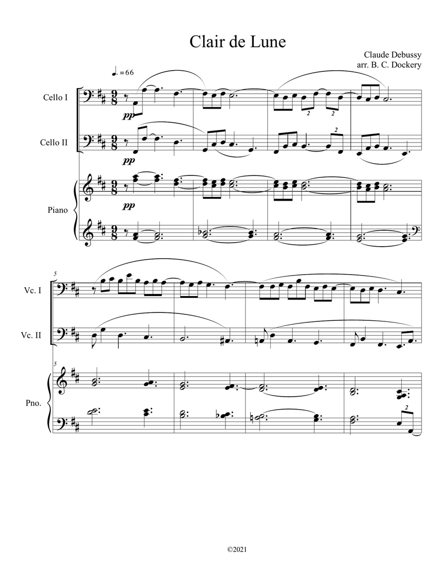 Clair de Lune (Cello Duet) with piano accompaniment String Duet scores gallery preview page 1