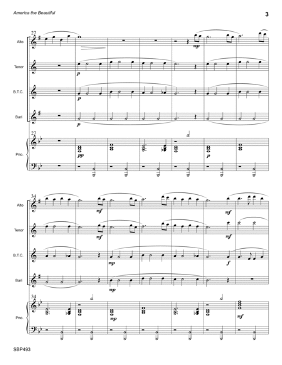 AMERICA THE BEAUTIFUL - AAB or ATB Saxes and Trombone (or Baritone TC) with optional Piano Small Ensemble scores gallery preview page 3
