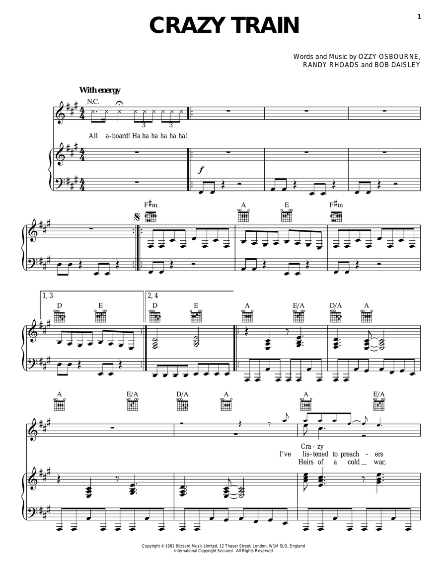 Crazy Train Piano, Vocal, Guitar scores gallery preview page 1