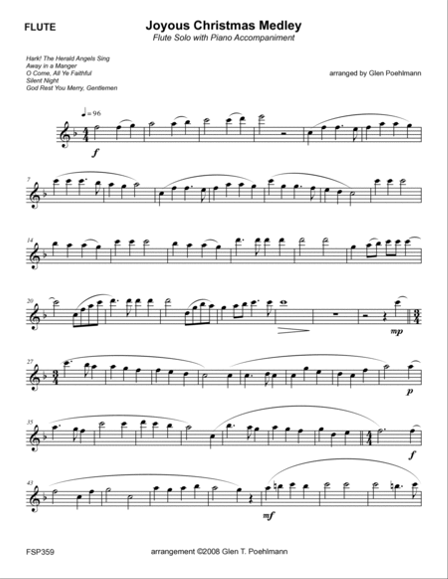 JOYOUS CHRISTMAS MEDLEY - FLUTE SOLO with Piano Accompaniment (5 Carol Medley) Flute Solo scores gallery preview page 5