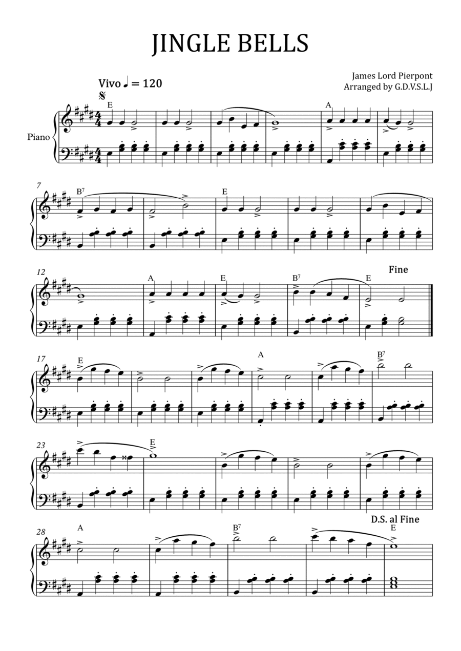Jingle Bells in E Major Easy Piano scores gallery preview page 1