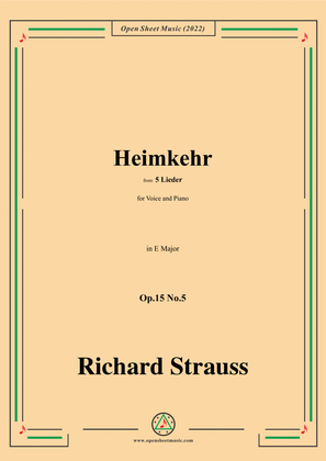 Book cover for Richard Strauss-Heimkehr,in E Major,Op.15 No.5,from 5 Lieder,for Voice and Piano