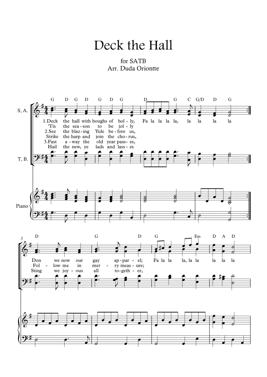 Deck the Halls ( SABT - G major - two staff - with chords - with piano) 4-Part scores gallery preview page 1
