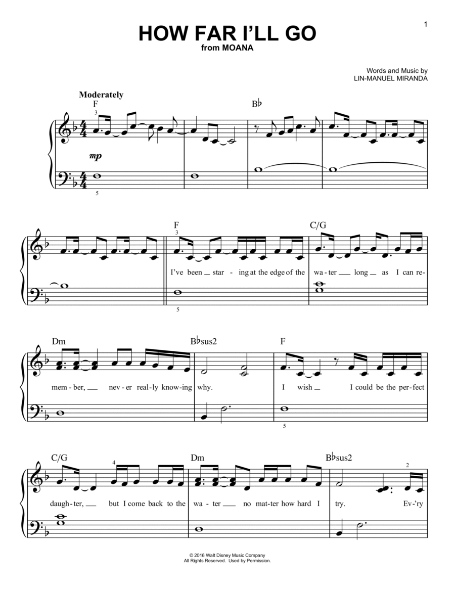 How Far I'll Go (from Moana) Easy Piano scores gallery preview page 1