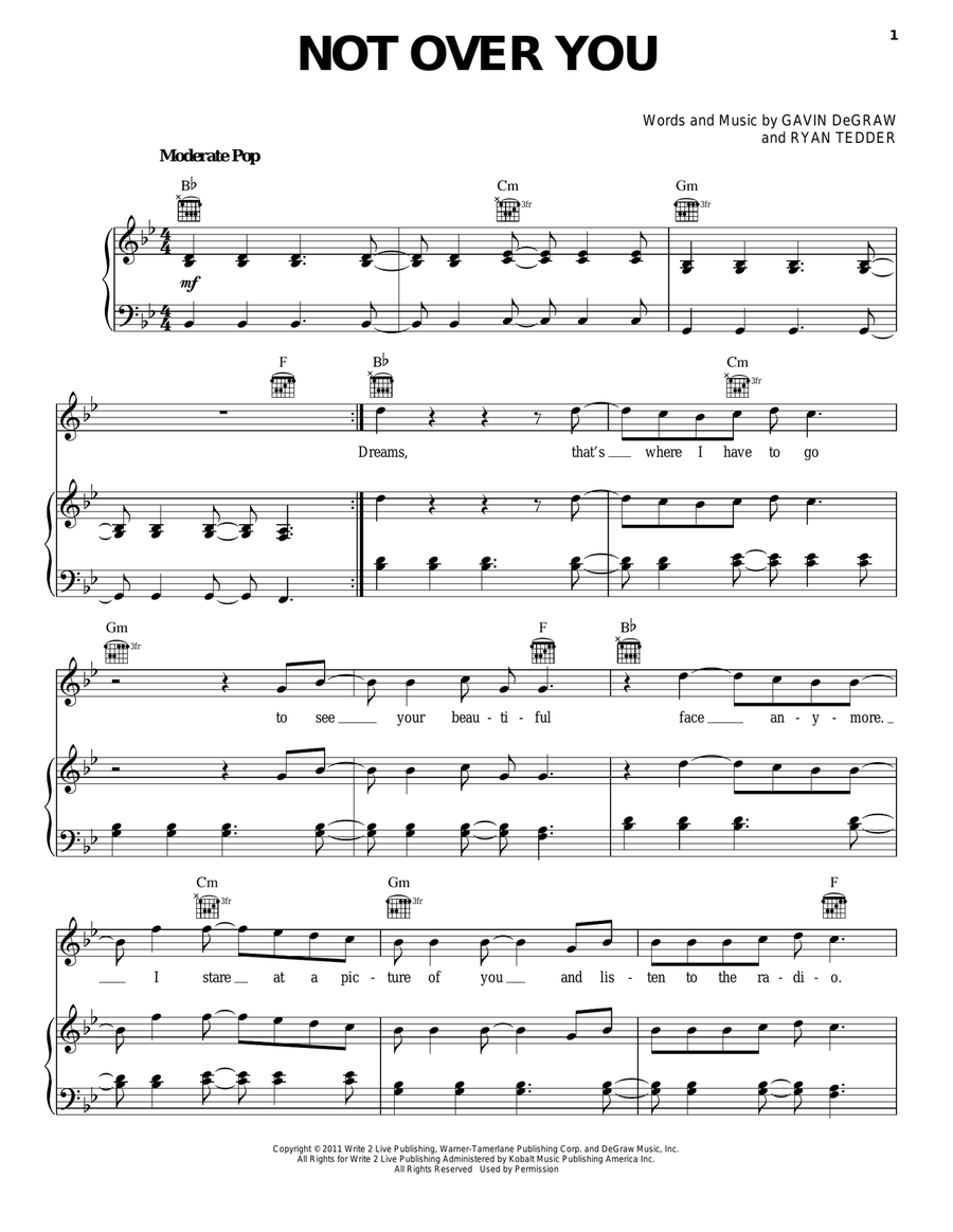 Not Over You Piano, Vocal, Guitar scores gallery preview page 1