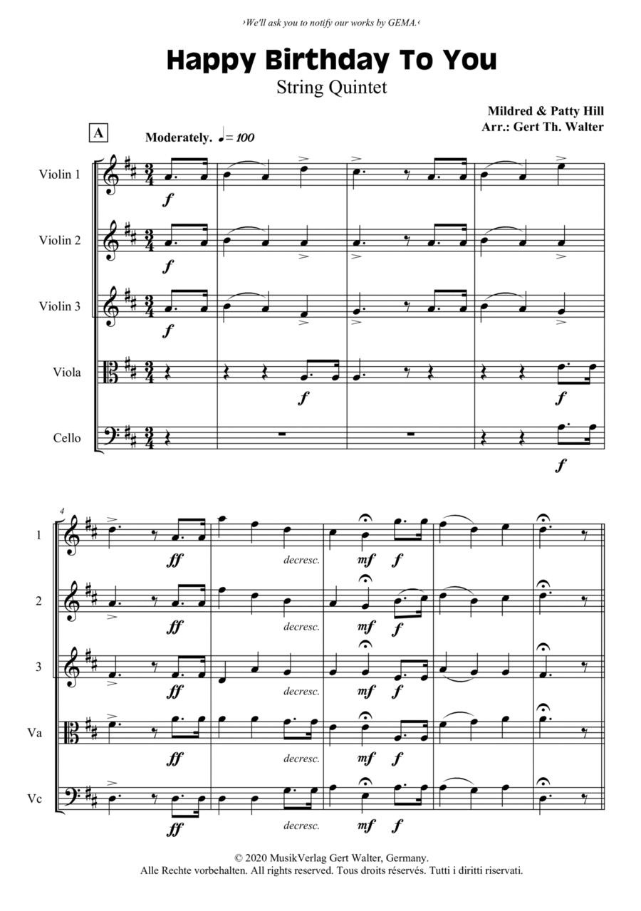 Happy Birthday To You Happy Birthday To You String Quintet scores gallery preview page 1