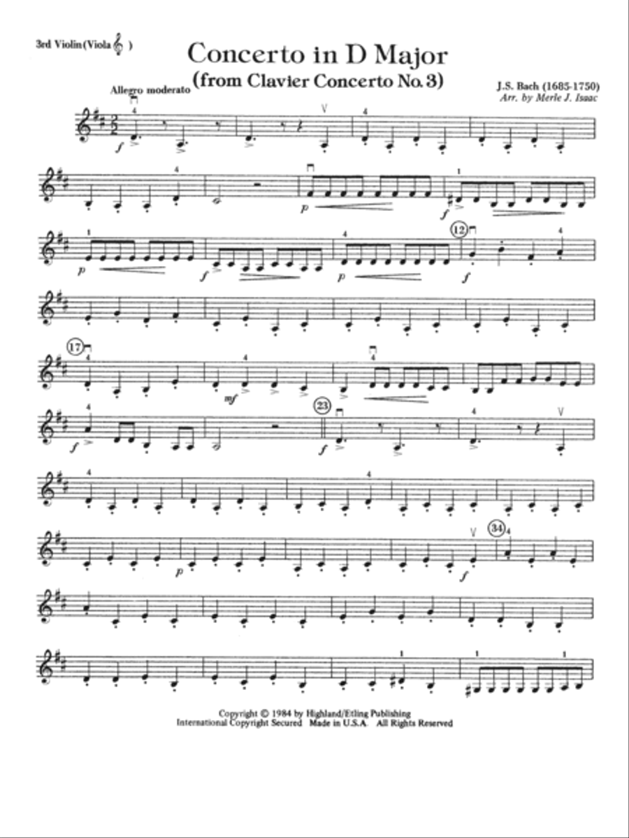 Concerto in D Major (from Clavier Concerto No. 3): 3rd Violin (Viola [TC]) String Orchestra scores gallery preview page 1