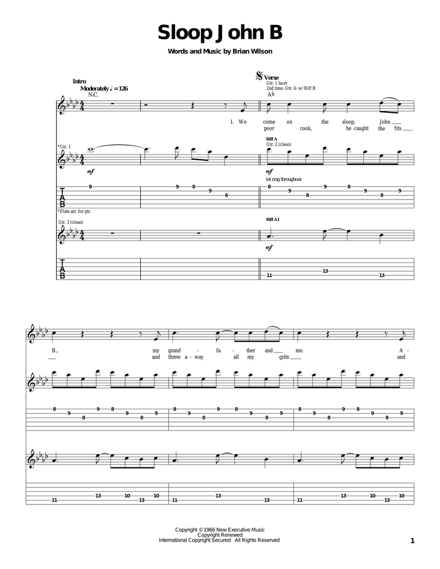Sloop John B Guitar Tablature scores gallery preview page 1