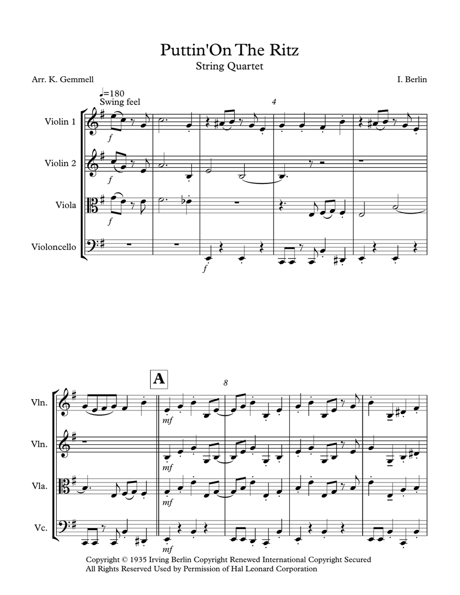Puttin' On The Ritz String Quartet scores gallery preview page 1