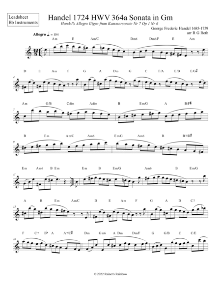Handel's Gigue or Tarantela Leadhsheets CBb or Eb Instruments