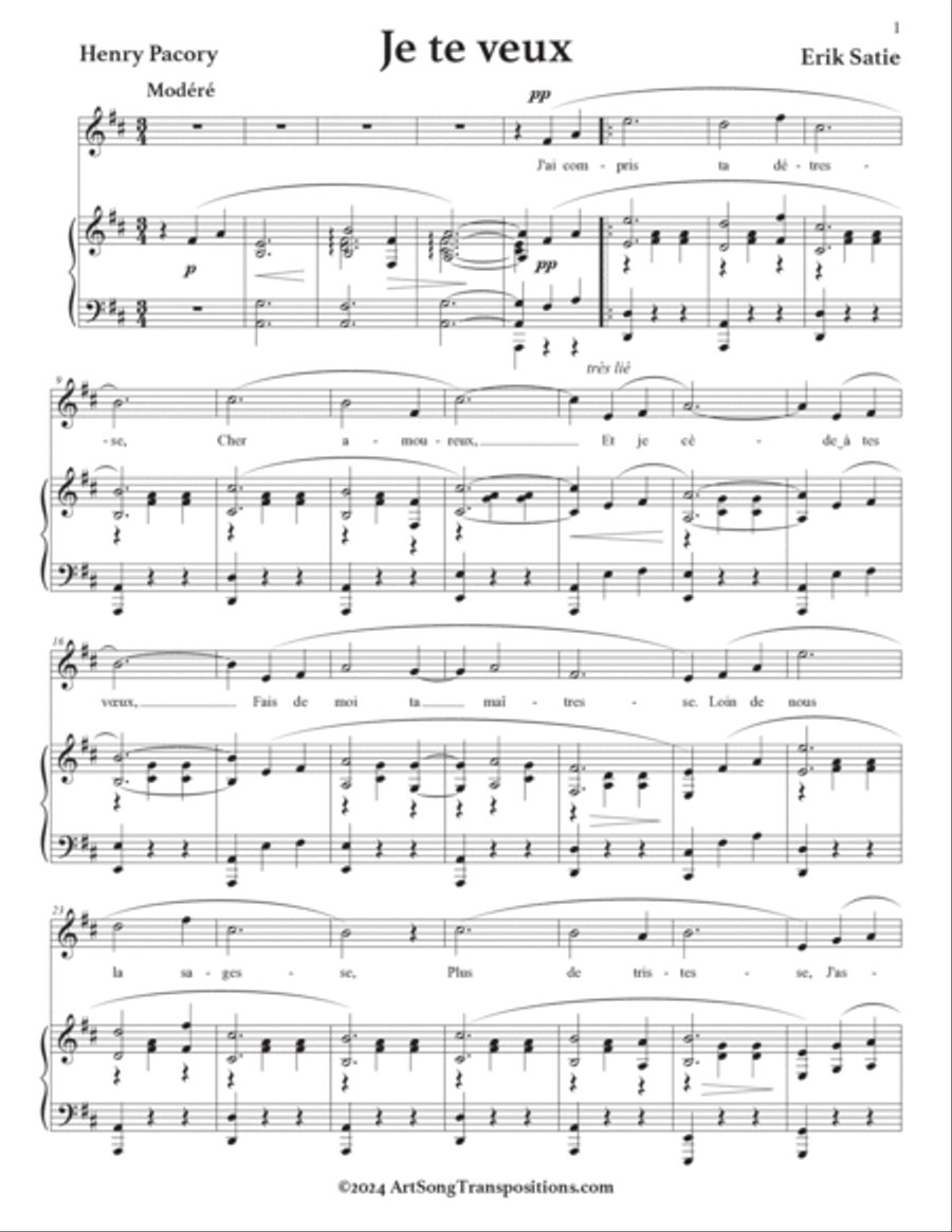 SATIE: Je te veux (transposed to D major) Voice scores gallery preview page 2