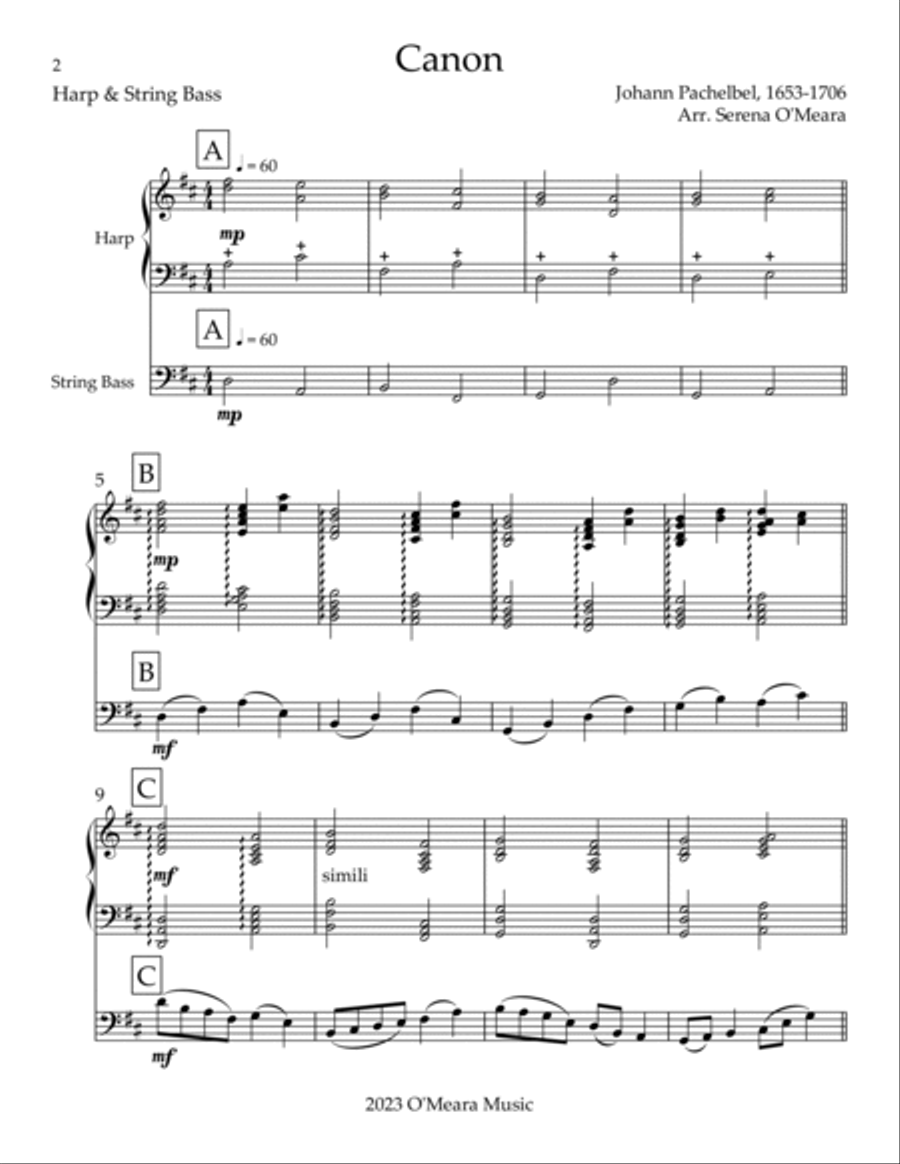 Canon, Duet for String Bass & Harp String Duet scores gallery preview page 2