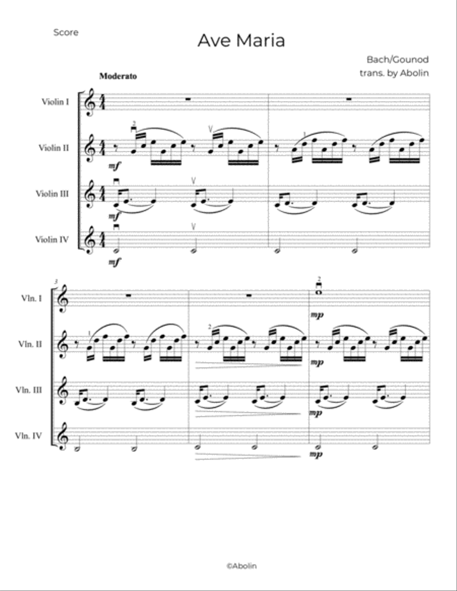 Bach/Gounod: Ave Maria - arr. for Violin Quartet String Orchestra scores gallery preview page 2