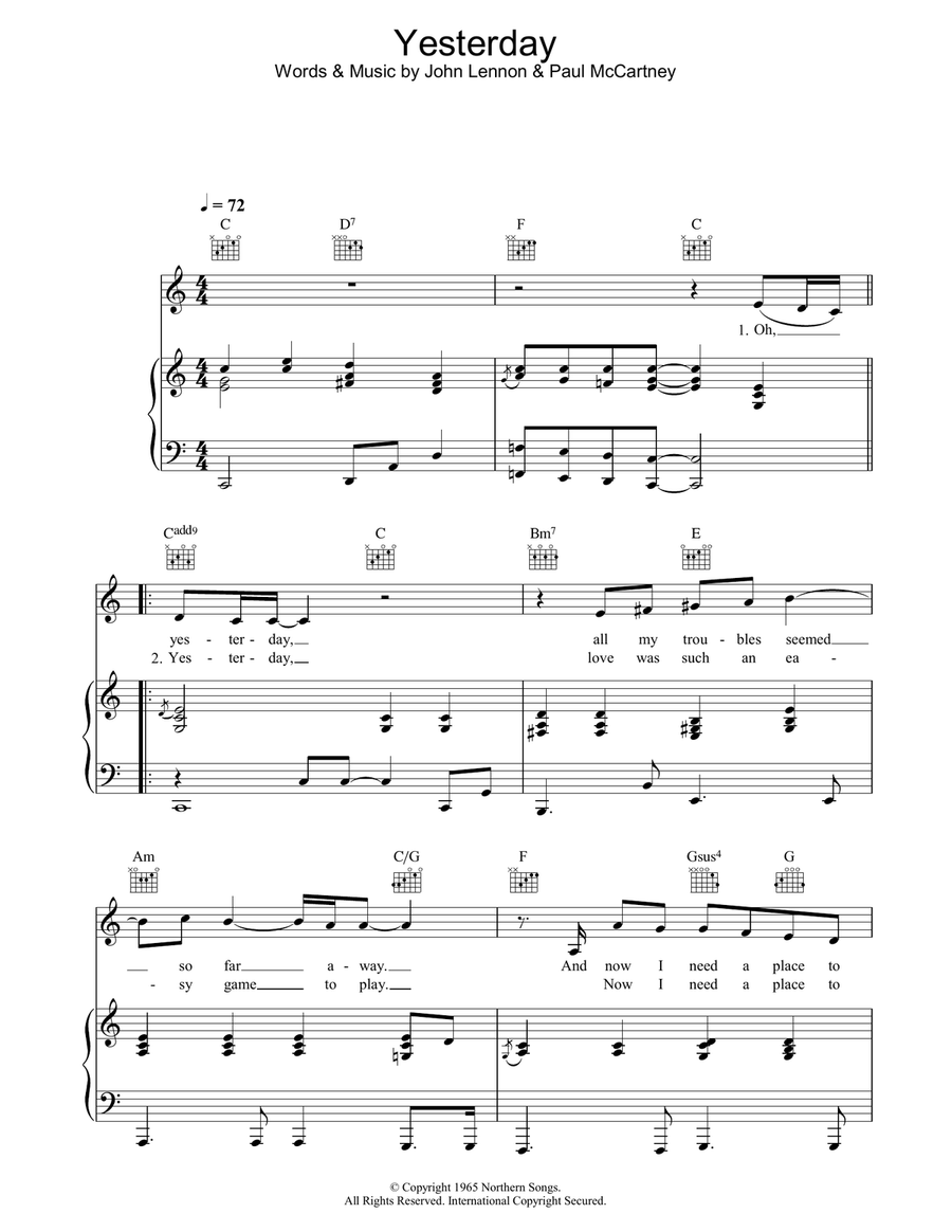 Yesterday Piano, Vocal, Guitar scores gallery preview page 1