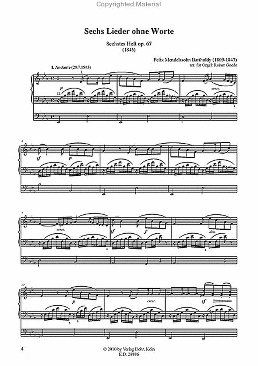 Lieder ohne Worte op. 67 -Sechstes Heft- (für Orgel)