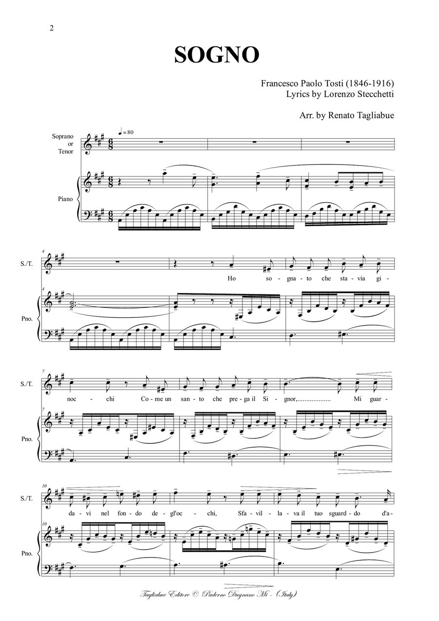 SOGNO - F.P. Tosti - Arr. for Soprano or Tenor and Piano High Voice scores gallery preview page 2