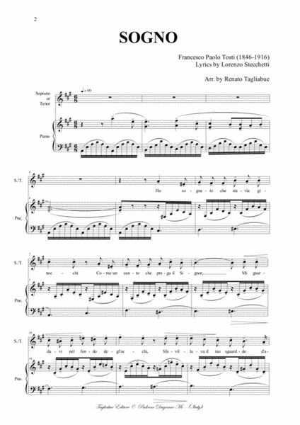 SOGNO - F.P. Tosti - Arr. for Soprano or Tenor and Piano image number null