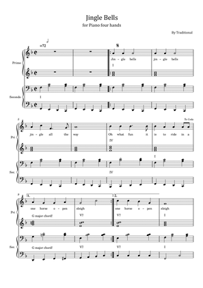 Jingle Bells - for Piano four hands - With Lyric and Chord