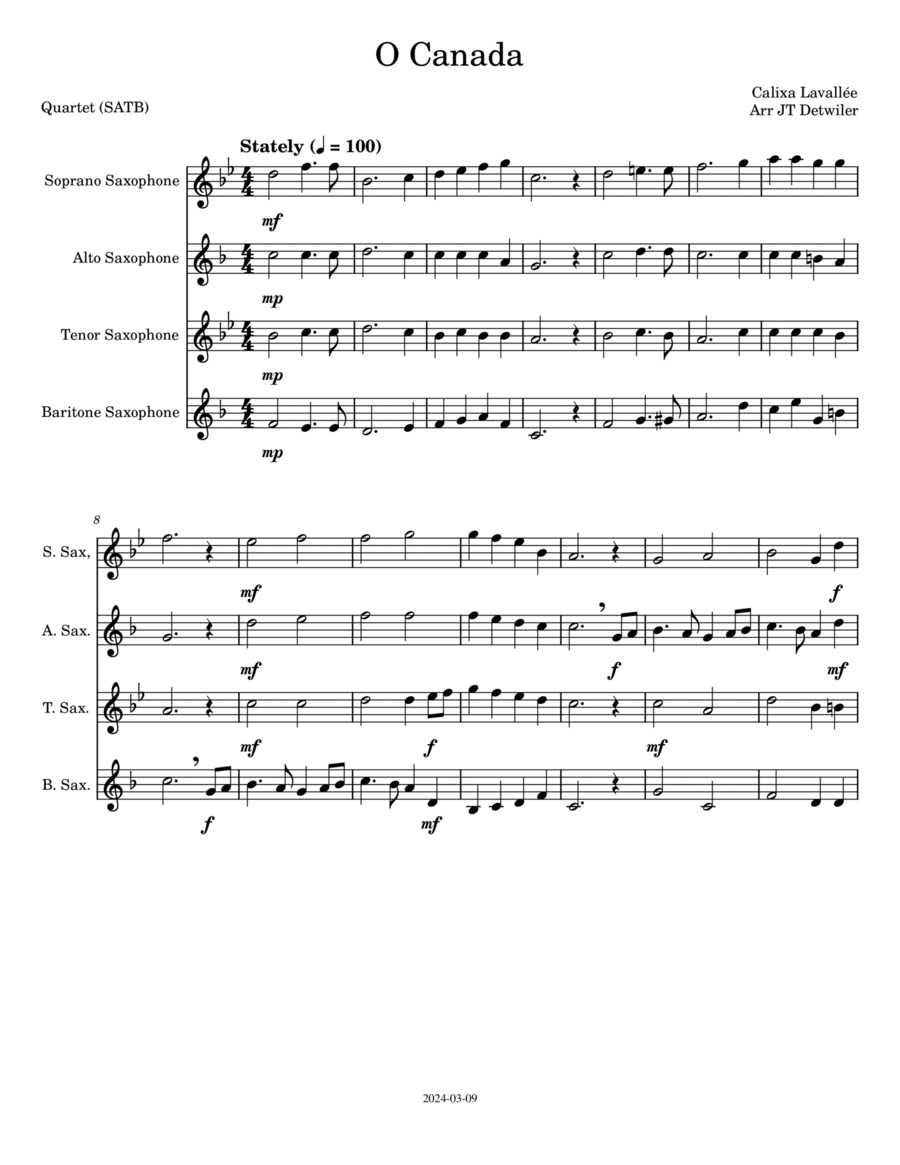 O Canada Saxophone Quartet scores gallery preview page 1