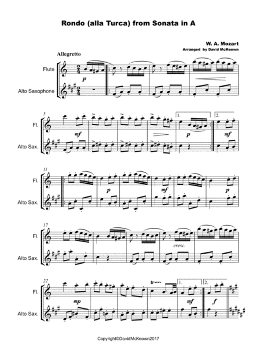 Rondo Alla Turca, W A Mozart, Flute and Alto Saxophone Duet.﻿ Woodwind Duet scores gallery preview page 2
