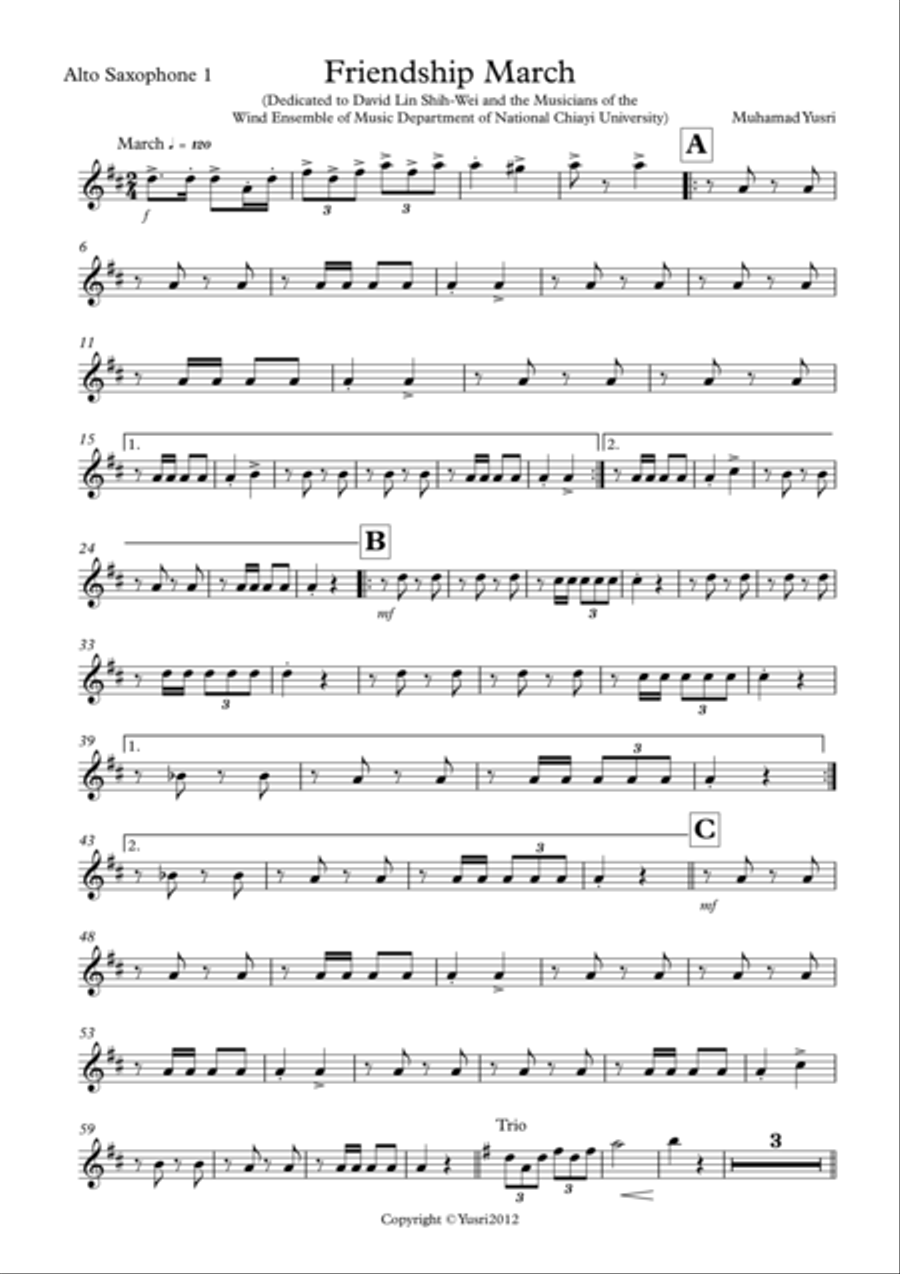 Friendship March (Alto Saxophone 1 Part) Concert Band scores gallery preview page 1