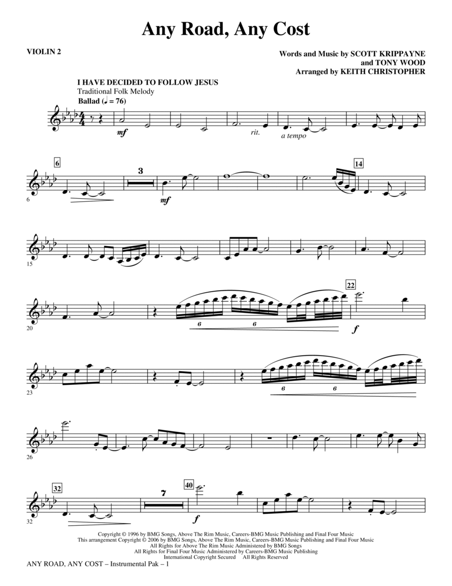 Any Road, Any Cost (arr. Keith Christopher) - Violin 1 Choir scores gallery preview page 1