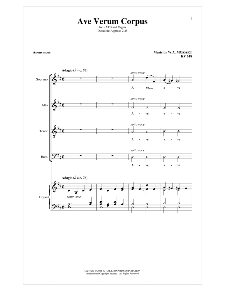 Ave Verum (Jesu, Word of God Incarnate) 4-Part scores gallery preview page 1