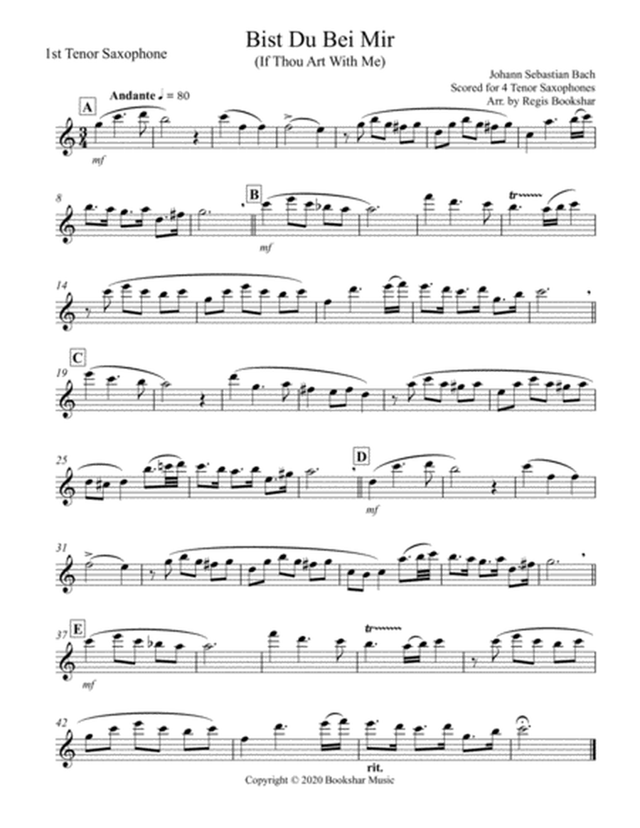 Bist Du Bei Mir (Tenor Saxophone Quartet) image number null