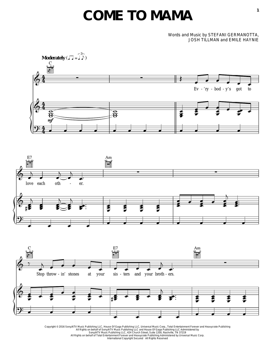 Come To Mama Come To Mama Piano, Vocal, Guitar scores gallery preview page 1
