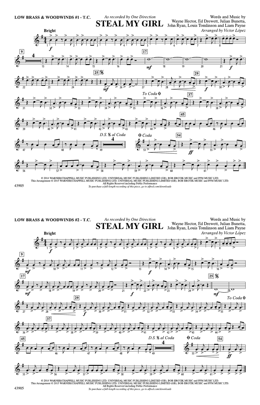 Steal My Girl: Low Brass & Woodwinds #1 - Treble Clef