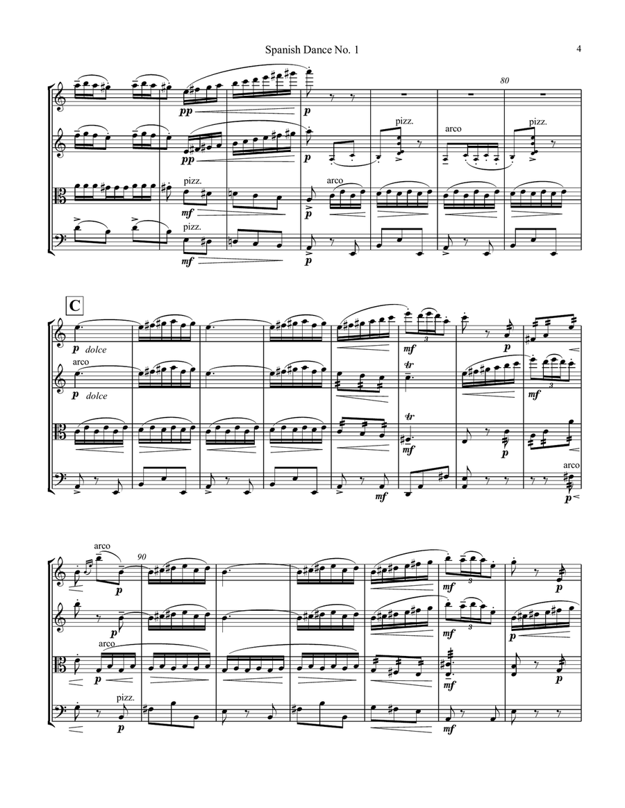 Spanish Dance No. 1, Danza from La vida breve for string quartet String Quartet scores gallery preview page 5