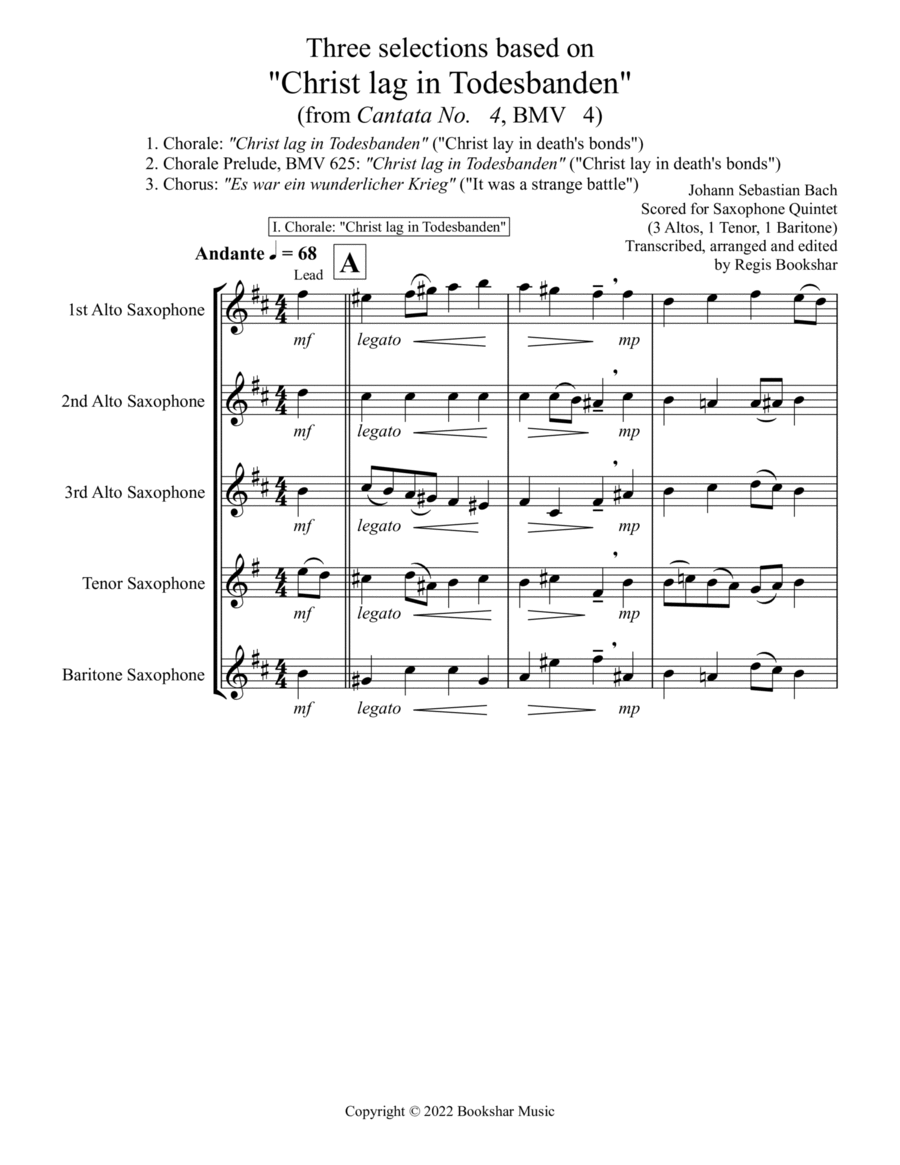 Three selections based on "Christ lag in Todesbanden" (Saxophone Quintet - 3 Alto, 1 Tenor, 1 Bari)