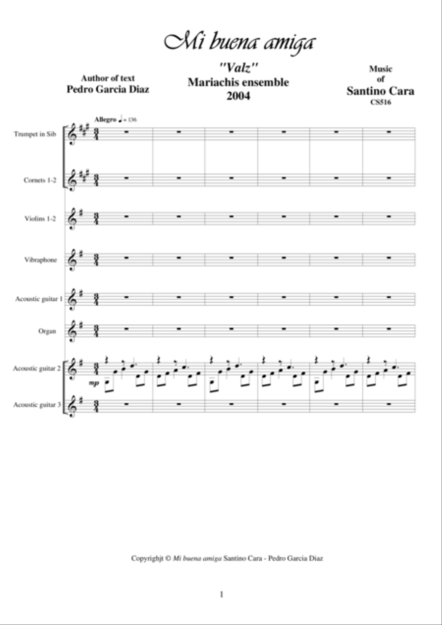 Mi buena amiga - Valz Mariachi Voice scores gallery preview page 1