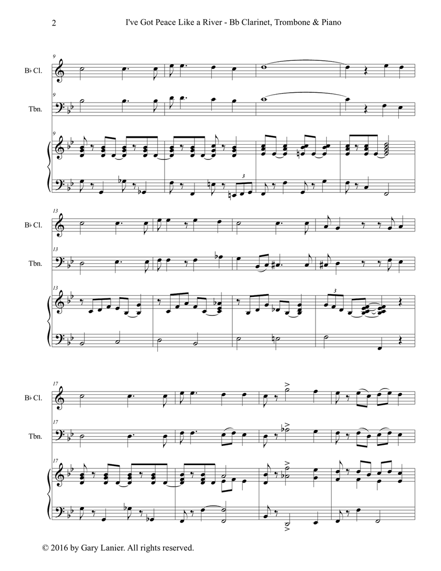 Gary Lanier: I'VE GOT PEACE LIKE A RIVER (Trio – Bb Clarinet, Trombone & Piano with Parts) Trombone Trio scores gallery preview page 3
