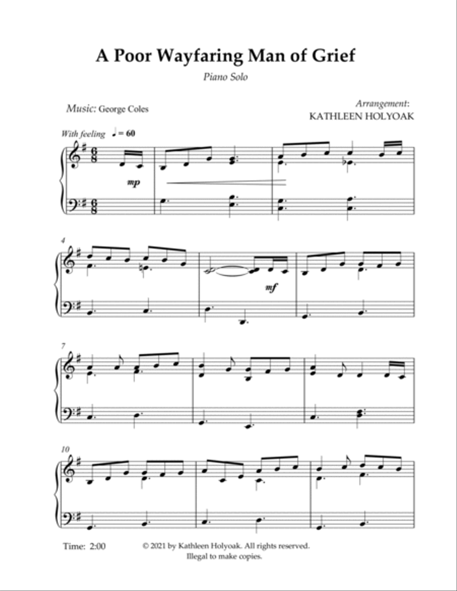 A Poor Wayfaring Man of Grief (Easy Piano) - Arranged by KATHLEEN HOLYOAK Easy Piano scores gallery preview page 2