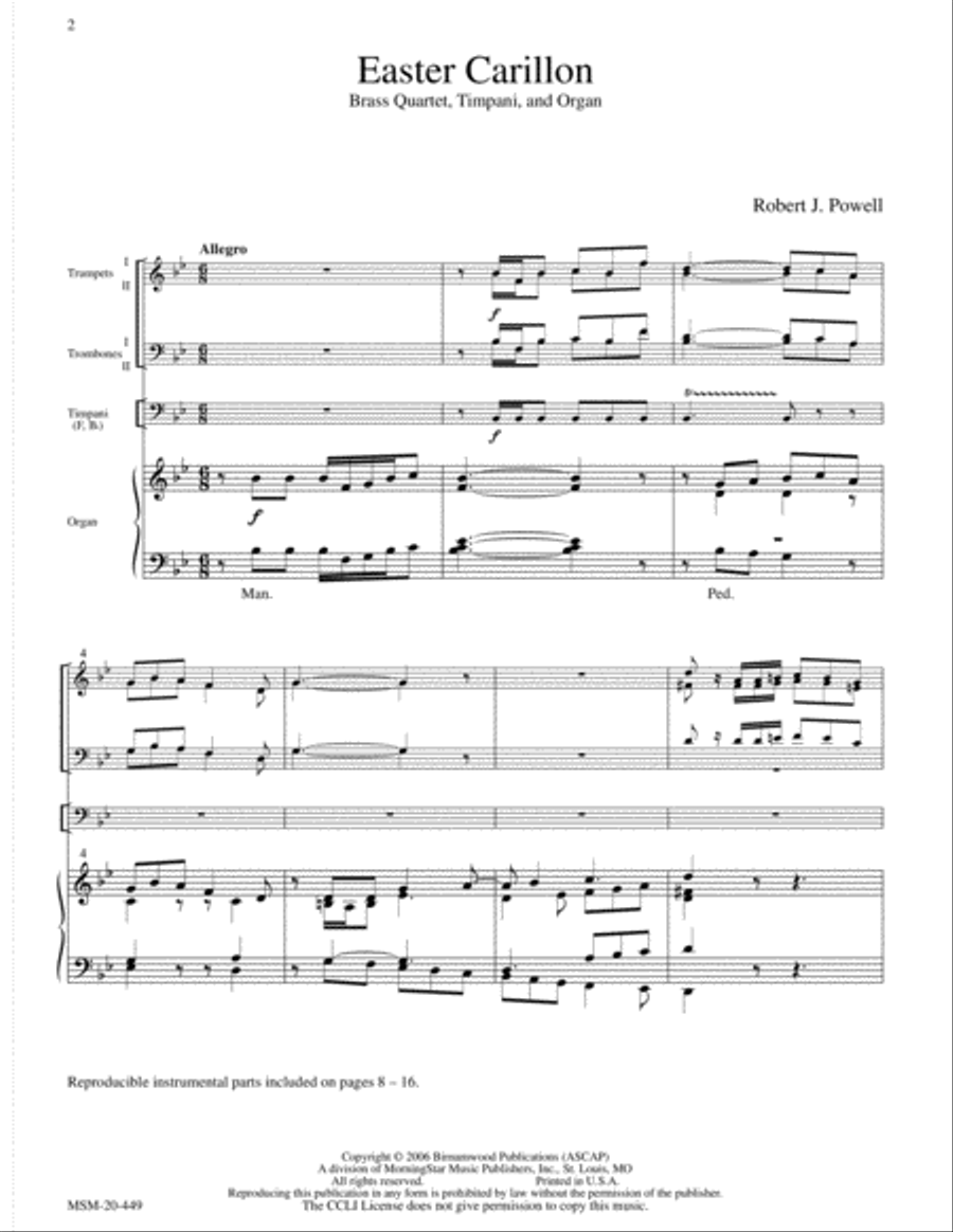 Easter Carillon for Brass Quartet, Timpani, and Organ Organ scores gallery preview page 2